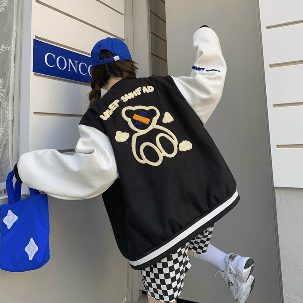 Áo Khoác Nỉ Nữ Kiểu Dáng Bomber 2 Màu Phối Tay Trắng In Gấu Phong Cách Thể  Thao Năng Động Form Rộng Mặc Thoáng Mát [NEW