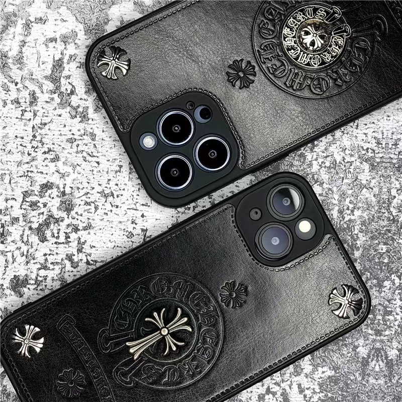 Ốp Sáng Tạo Da Cho iPhone 15 14 13 Pro Max 11 12 Pro Max X XS XR XSMAX 14 7 8 Plus punk crow heart metal cross design protection Full cover Chống Rơi