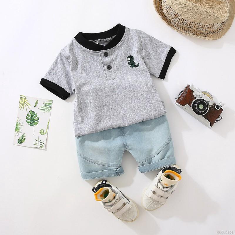 Set áo thun + quần short họa tiết khủng long hoạt hình đáng yêu cho bé trai và bé gái