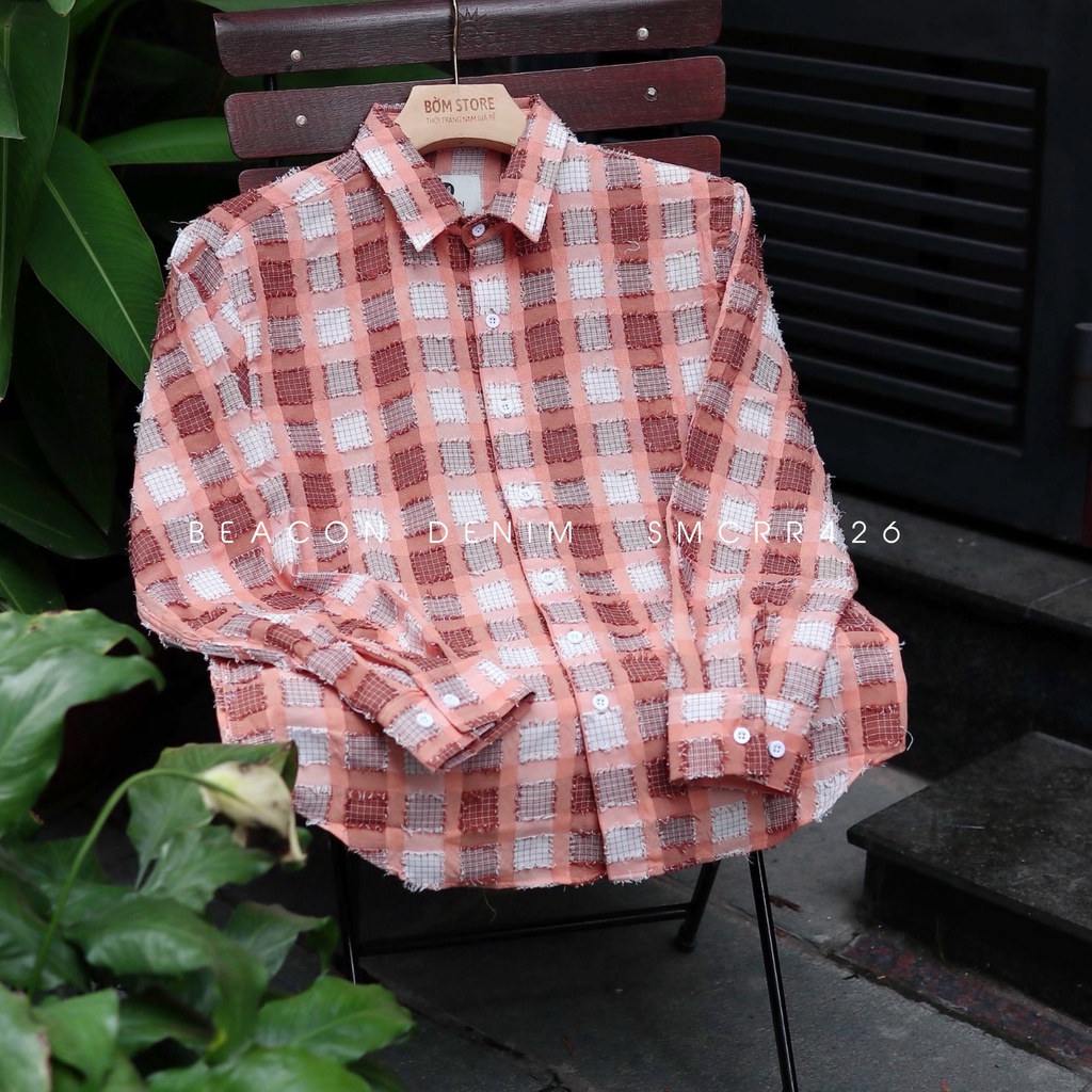 Áo Sơ Mi Nam Mẫu Caro Tua Rua Cam San Hô BEACON DENIM Form Rộng SMCCR426