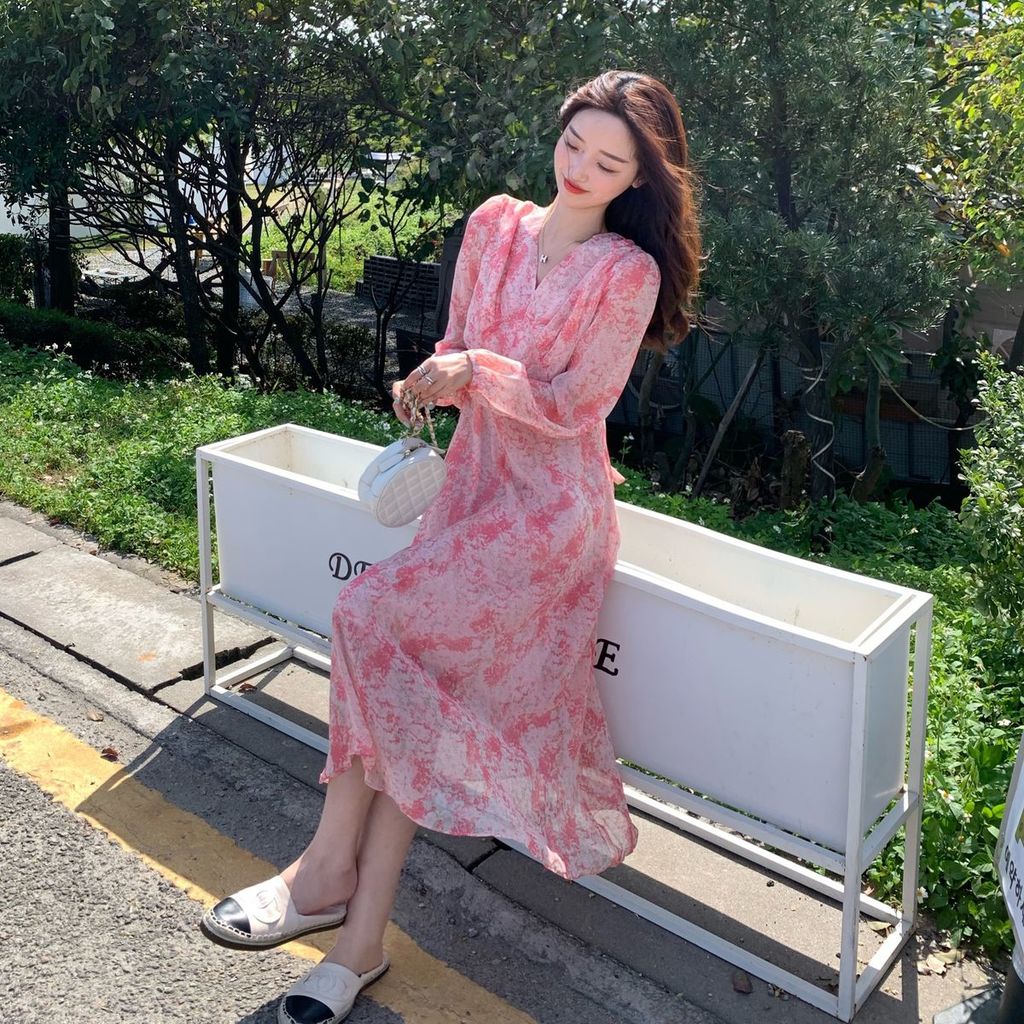 Đầm chiffon Ôm Eo In Họa Tiết Hoa Anh Đào Thanh Lịch