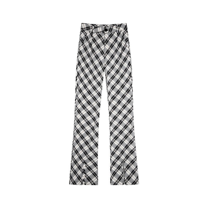 Plaid split flared pants women s 2021 summer new Korean version of loose casual Joker straight leg high waist