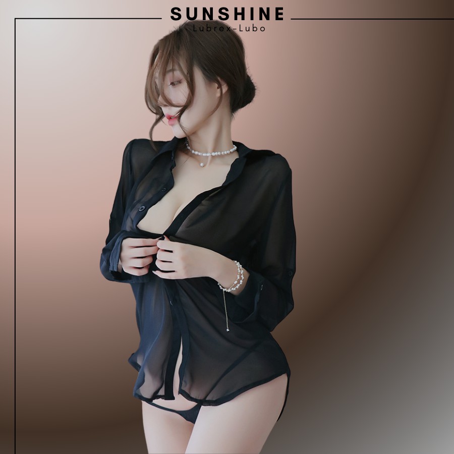 Áo Ngủ Sexy Sơ Mi Ngủ Voan Mỏng Xuyên Thấu Dài Tay Gợi Cảm MÀU ĐEN -SUNSHINE LUBREXLUBO- SMNDAY1184