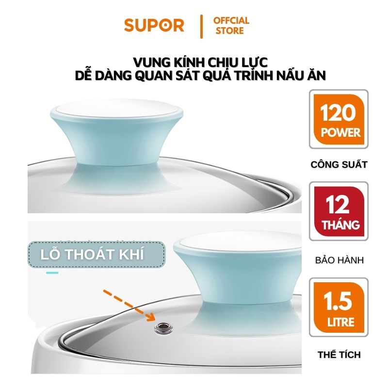 NỒI HẦM CHẬM ĐA NĂNG CHO BÉ VUNG KÍNH GỐM SỨ 1.5 L Supor DG15YC18 vung kính hàng chính hãng bảo hành 12 tháng