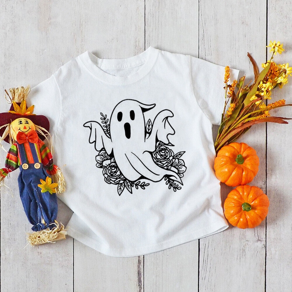 Áo thun trẻ em in họa tiết Halloween Áo thun ngắn tay màu trắng