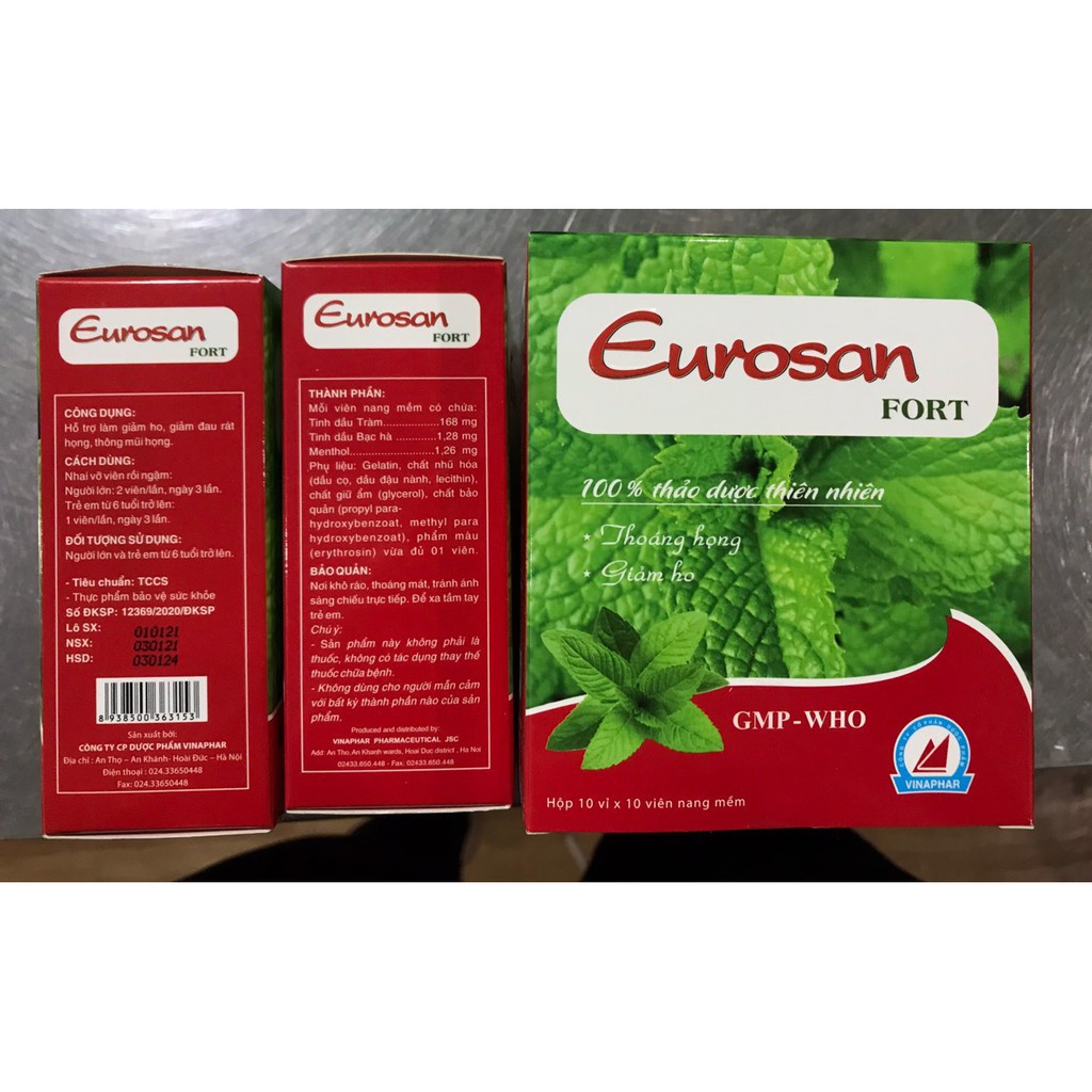 Viên Ho Dầu EUROSAN FORT  -Hộp 100 viên- Giảm Ho, Giảm Đau Rát Họng, Thông Thoáng Mũi Họng Hộp 100 viên