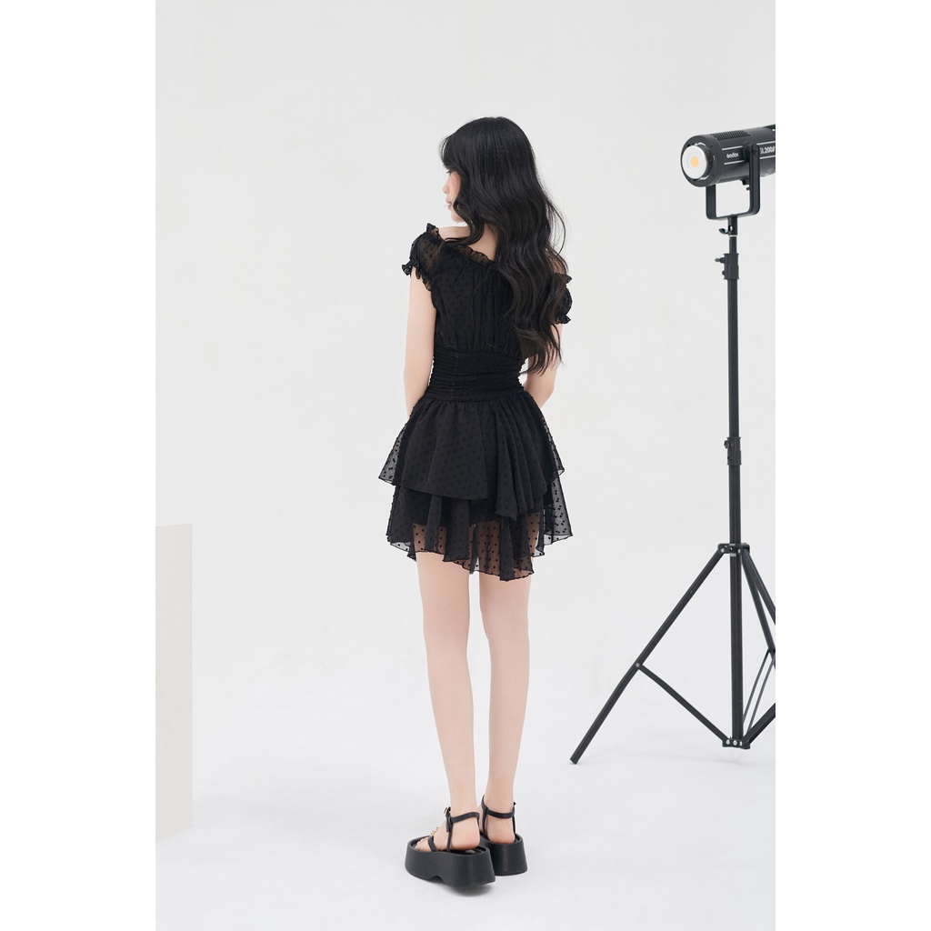 MYUNG - Đầm trễ vai 2 tầng vải voan thêu hạt nổi eo nhún - PHOEBE DRESS