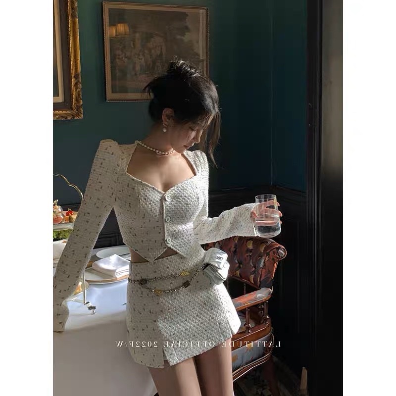 SET CROP DẠ ĐỐM CÚP NGỰC  + CHÂN VÁY