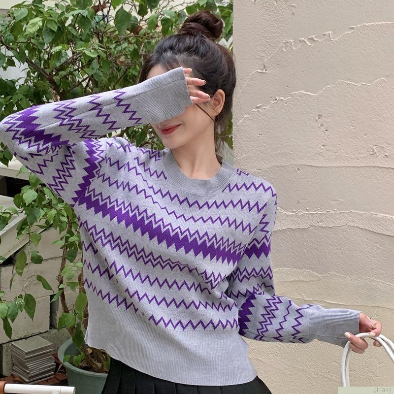 Áo sweater dệt kim cổ tròn tay dài kẻ sọc thoáng khí thoải mái thời trang Hàn Quốc cho nữ
