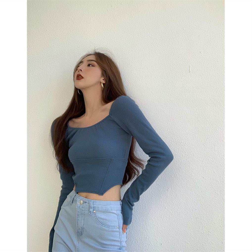 Áo Thun Tay Dài Cổ Vuông Dáng Ôm Thời Trang Mùa Thu Quyến Rũ Cho Nữ