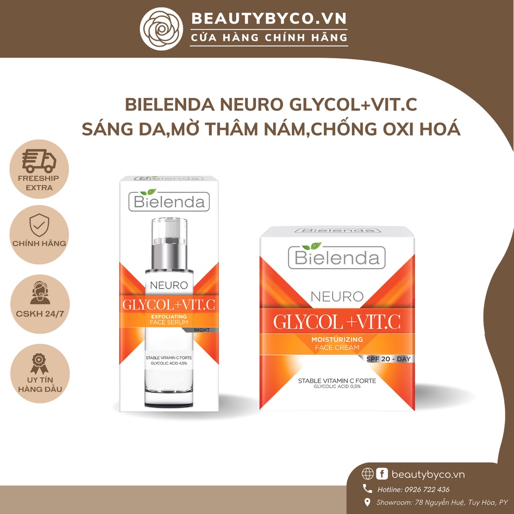 Sữa rửa mặt, Serum, Kem dưỡng Bielenda Neuro Glycol + Vit.C dưỡng sáng da, chống oxy hoá
