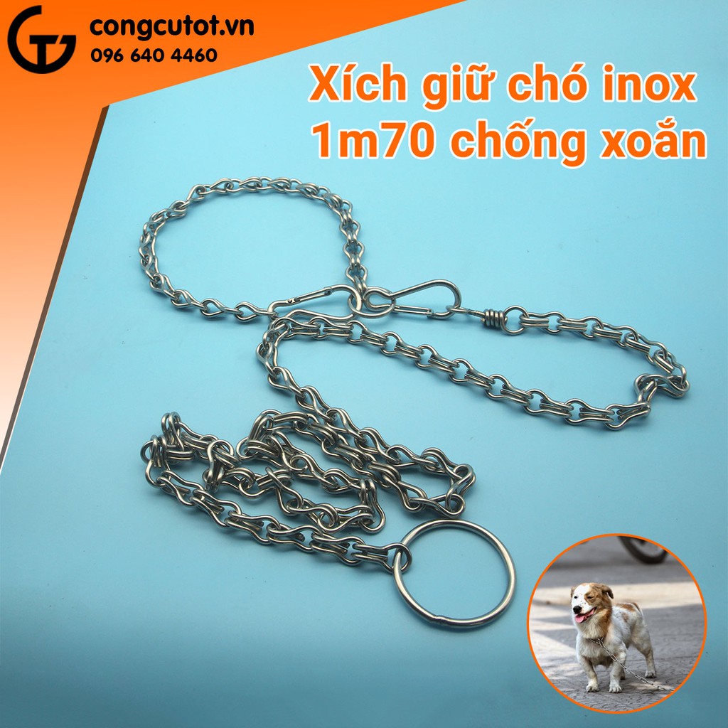 Xích giữ chó inox 1m70 nặng 410g , chống xoắn, có thể thu ngắn bằng khớp