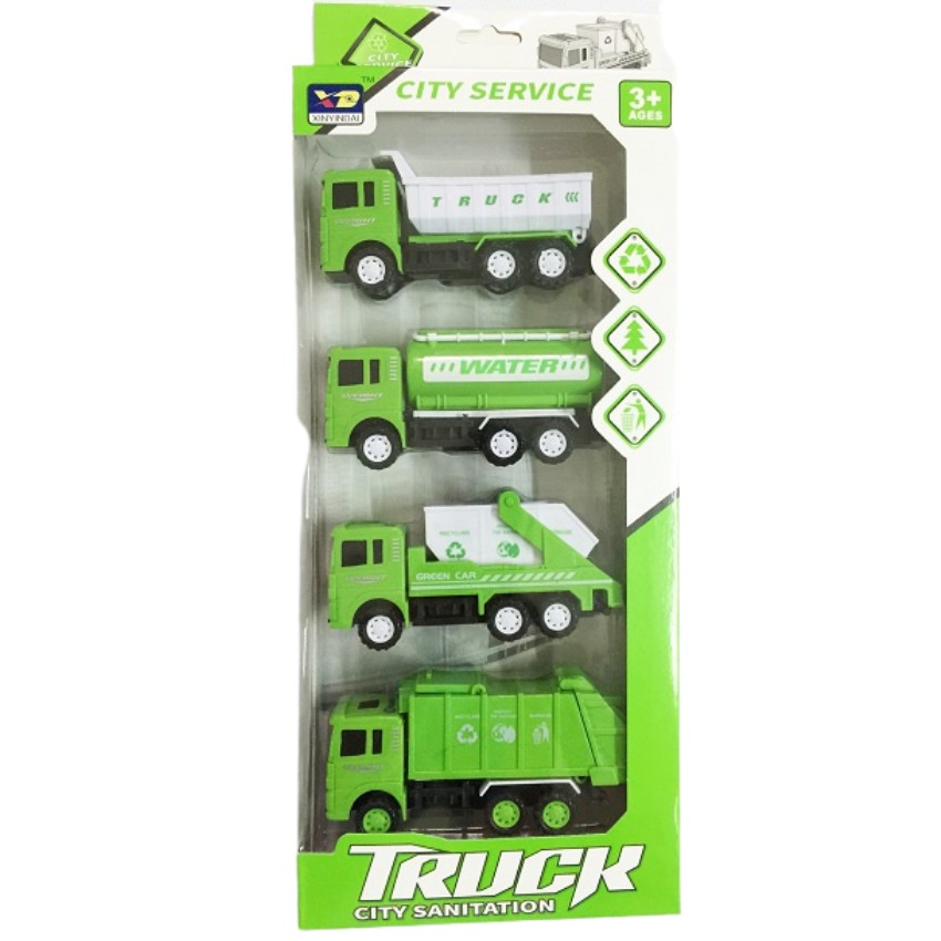 Đồ Chơi Xe Chở Rác Gồm 4 Chiếc Màu Xanh Lá, Di Chuyển Đà Cót, Dành Cho Các Bé Đam Mê Sưu Tập Xe