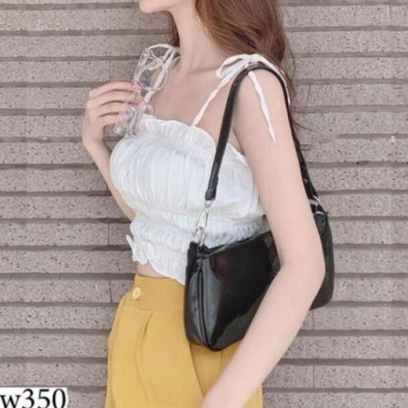 TBO-Sét áo 2 dây nhún bèo kèm quần vàng ống rộng sexy sang chảnh áo trắng trễ vai thời trang TASA