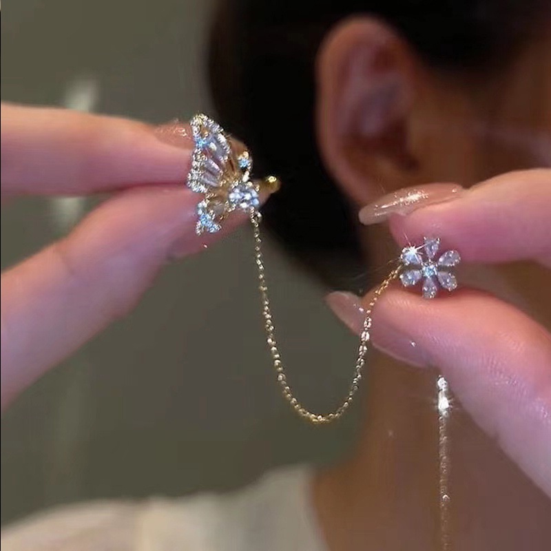 Bông Tai Dạng Kẹp Hình Bướm Bằng Kim Loại Đính Đá Zircon Lấp Lánh Sang Trọng Cho Nữ dreamdiary