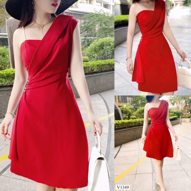 Váy suông đỏ bèo eo dây ngọc vai V1349 - Đẹp Shop DVC - Kèm ảnh thật trải sàn do shop tự chụp 💝