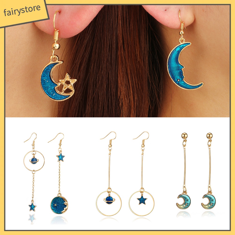 Bông tai dáng dài hình mặt trời/mặt trăng và ngôi sao độc đáo cho nữ