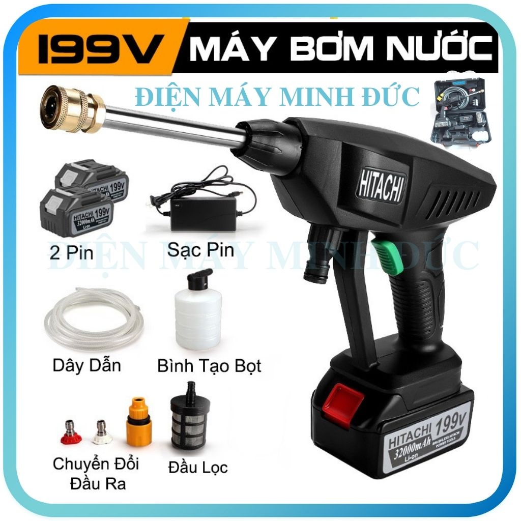 Máy xịt rửa xe máy ô tô cầm tay áp lực cao bọt tuyết HITACHI PIN CỰC MẠNH 199V 100% lõi đồng dùng cho gia đình giá rẻ