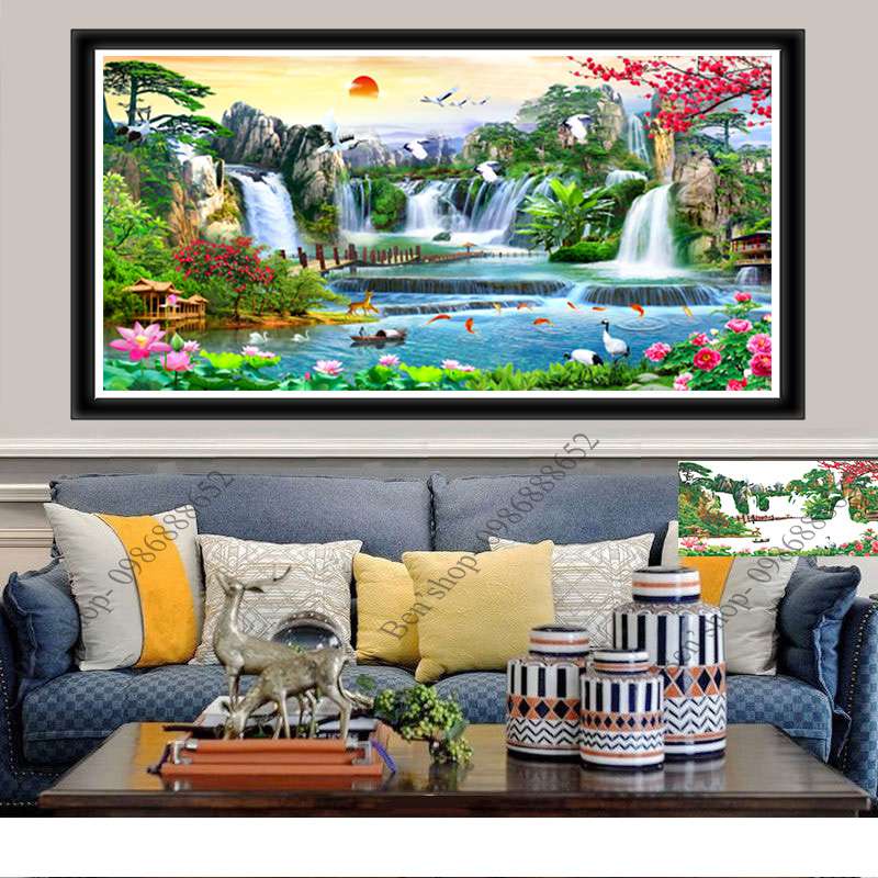 Tranh thêu chữ thập ( Giá sỉ) phong cảnh Sơn Thuỷ Hữu Tình 3D LV3317 120 x 55 cm; LV3318 160 x 75 cm; LV3319 200 x 90 cm
