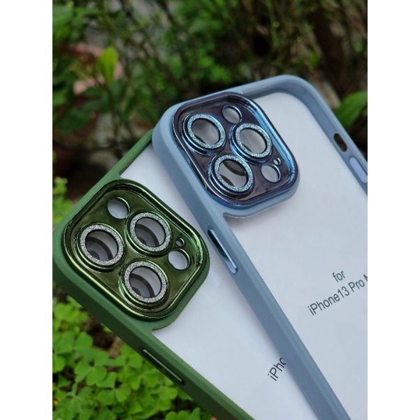 (iPhone 13)_Ốp lưng kính trong viền màu bảo vệ camera gắn đá nhũ cho iPhone 13,13 pro,13 pro max chính hãng Miruyi
