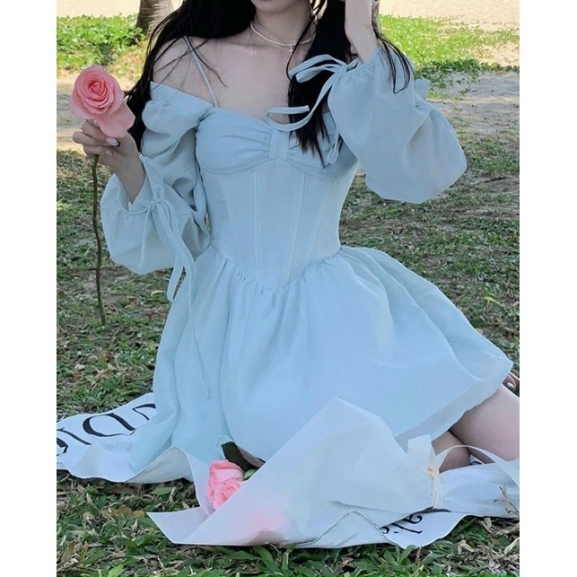 Đầm 2 dây trễ vai nơ ngực xinh xắn