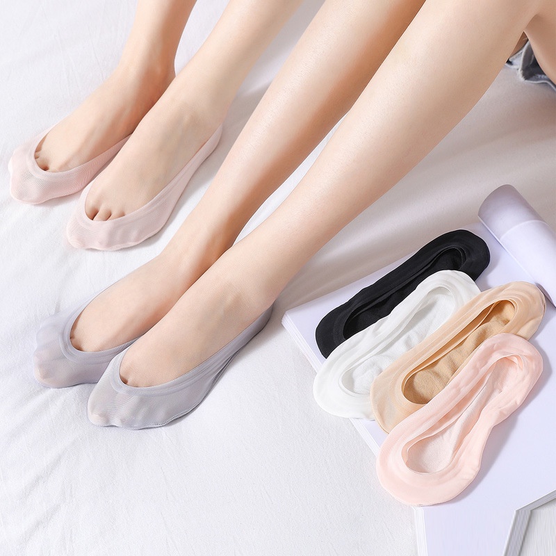 Vớ Cotton Lụa Lạnh Silicon Chống Trượt Màu Trơn Vô Hình Miệng Nông Không Đường May Cho Nữ