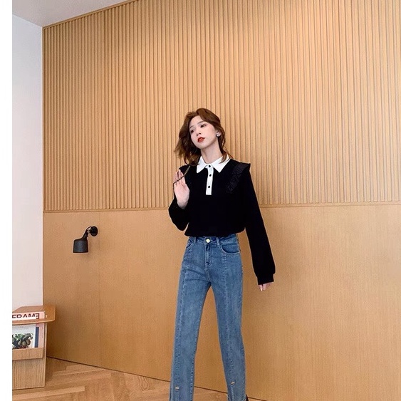 Áo thun polo nữ dài tay dây rút phối viền bèo nhún dàng ngắn Croptop ALALA thu đông