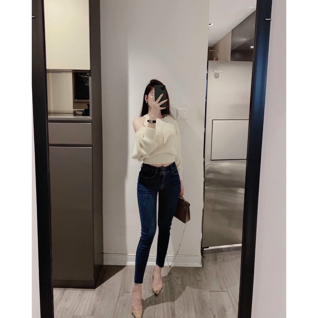 Áo len nữ hở vai Loại 1 màu kem thiết kế khoét vai tiểu thư siêu xinh, Áo kiểu nữ mùa đông rẻ đẹp