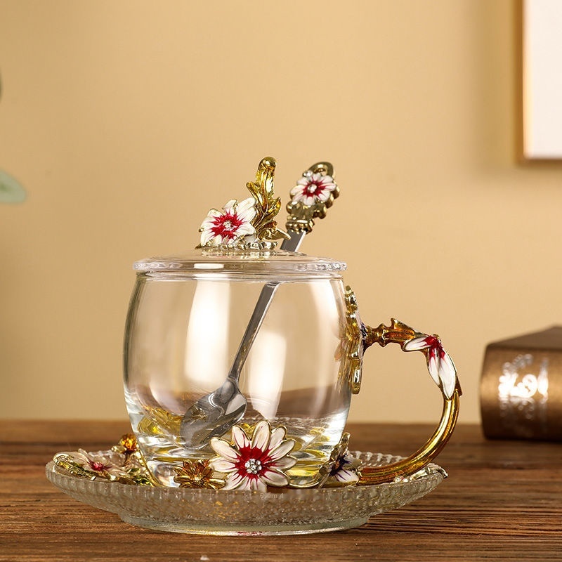 Cốc nước tráng men sáng tạo Trang chủ Ly cà phê Cô gái mềm Trái tim thủy tinh pha lê Tách trà hoa Juice Cup
