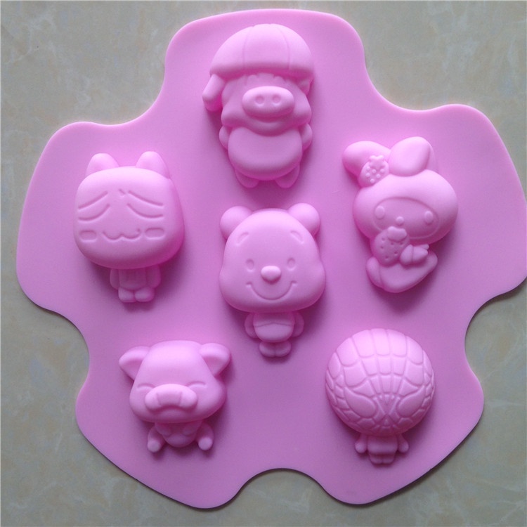 Khuôn silicone 6 Ngăn Làm Nến/Xà Phòng/Bánh Kem Hình Hoạt Hình DIY
