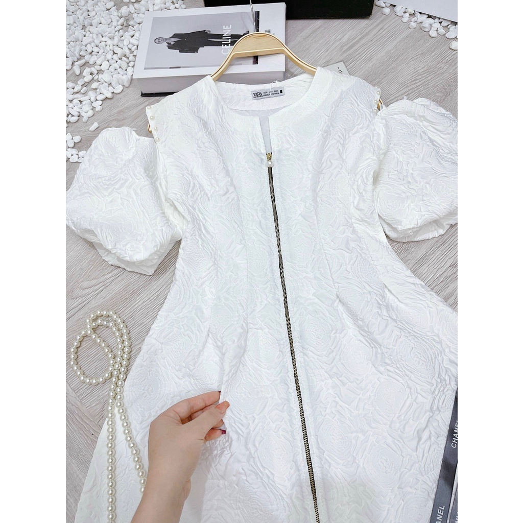 VÁY GẤM KHOÉT VAI DÁNG XÒE ÔM EO ĐI TIỆC CƯỚI XINH XẮN CAO CẤP