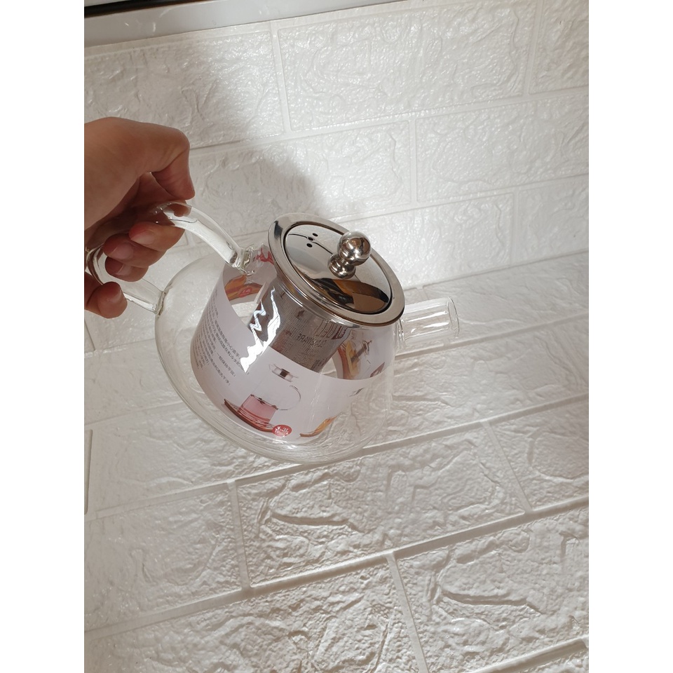 Bình Trà  Thủy Tinh Cao Cấp Có Lưới Lọc, Bình Dạng Lùn Phong Cách Hiện Đại Dung Tích 1 lít (ảnh thật)