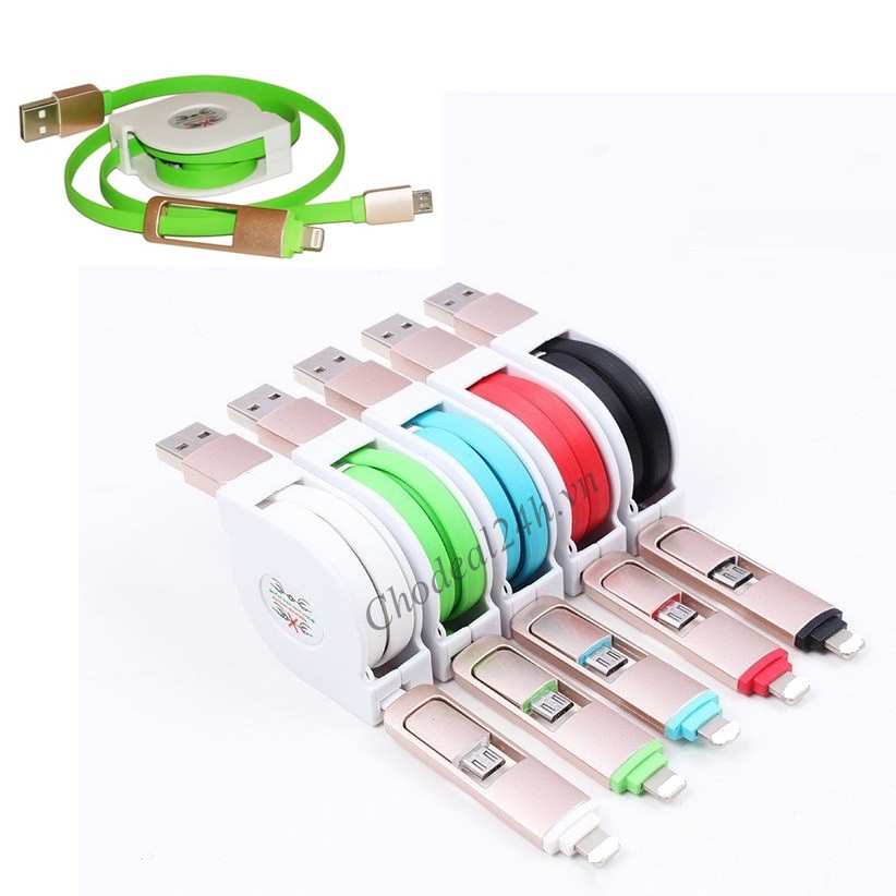 Cáp sạc dây rút 2 đầu android và iphone