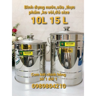 (Free ship 0 đ Toàn Quốc)Bình đựng nước sữa ,thực phẩm inox 10 ,15 , 20lít  ko vòi ,Xô inox có nắp đậy inox 304