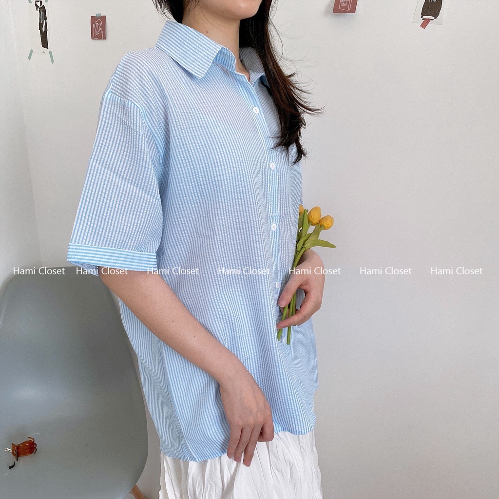 Áo sơ mi kẻ caro ngắn tay cổ đức xoắn sau lưng phong cách ulzzang Hàn quốc