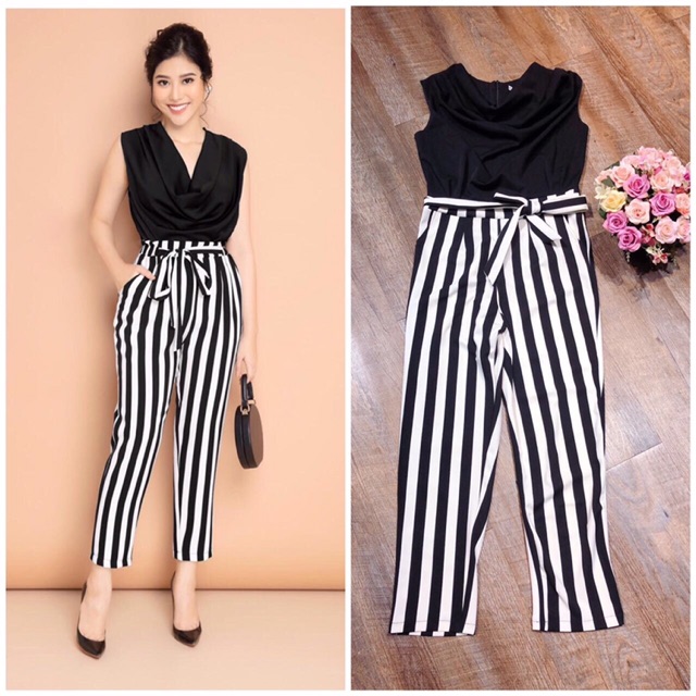 Jumpsuit nữ hàng thiết kế cổ đổ thắt nơ bụng xinh xắn J986