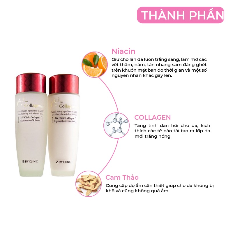 Bộ dưỡng da săn chắc làm trắng dưỡng ẩm chống lão hóa da chiết xuất từ Collagen 3W CLINIC Hàn Quốc [Nước Hoa Hồng+Sữa]