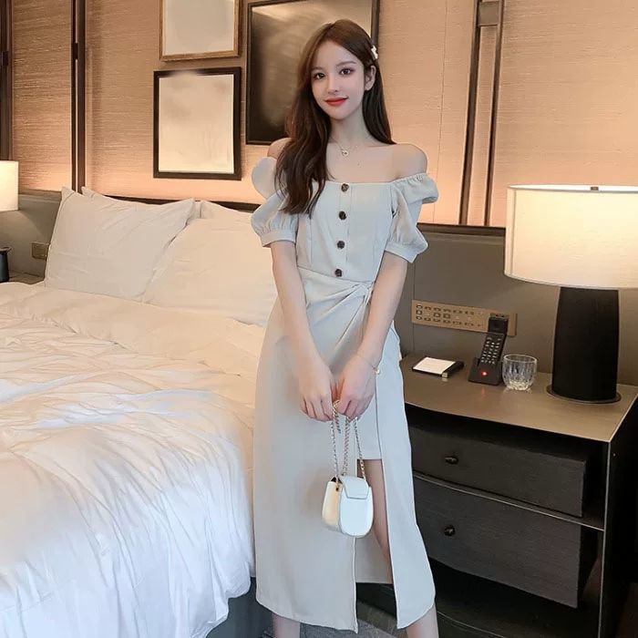 Đầm Cổ Vuông Tay Phồng Ngắn Chiết Eo Xẻ Tà Thời Trang Mùa Hè Mới 2023