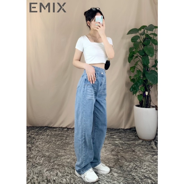Quần jean nữ cá tính EMIX (màu xanh), basic, dáng dài, cạp chéo, ống suông và rộng, vải jeans mềm nhẹ, KHÔNG BAI MÀU