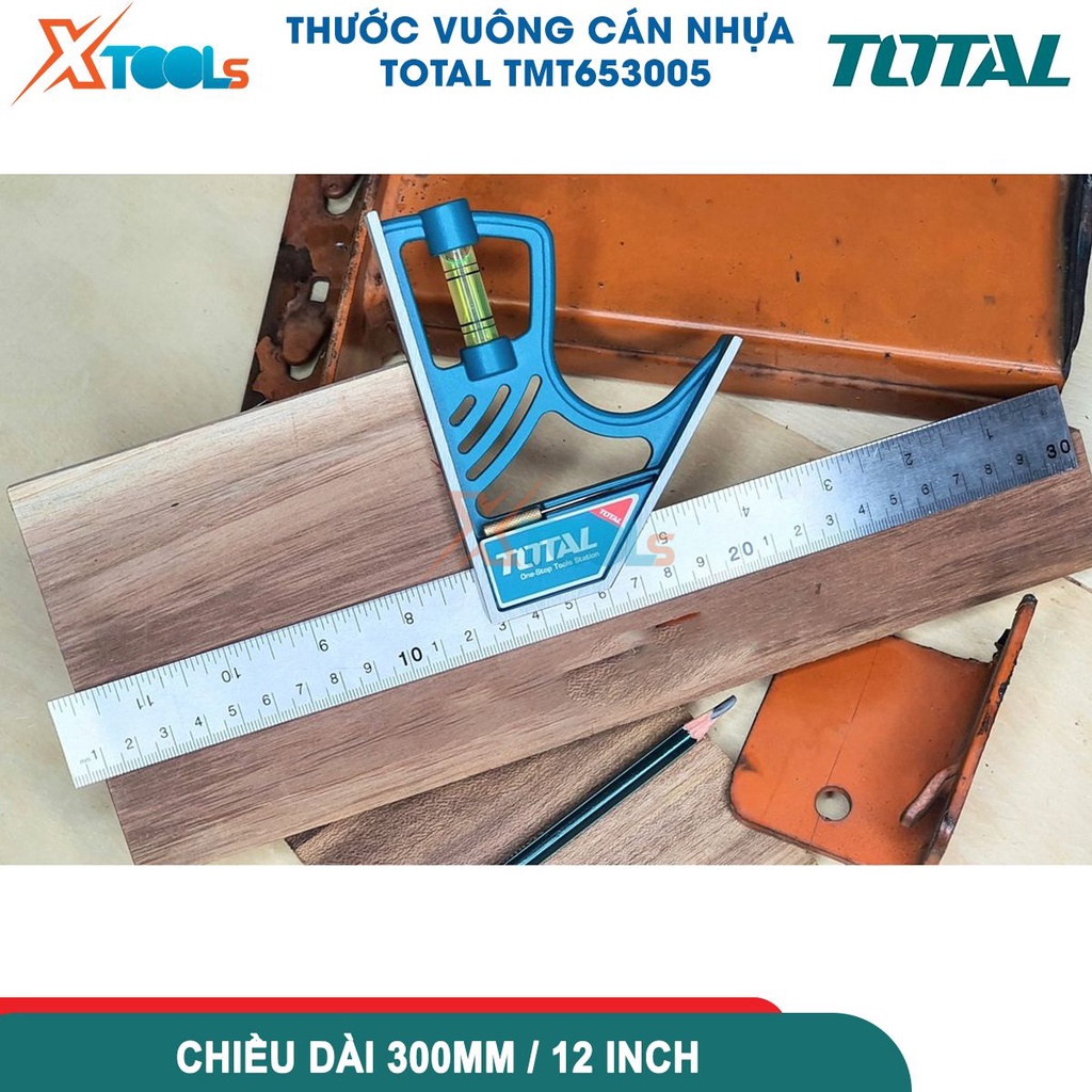 Thước eke vuông đo góc kèm thước thủy total TMT653005 300mm kẽm công nghiệp không gỉ, lưỡi bản 25mm -CHÍNH HÃNG-XTOOLS