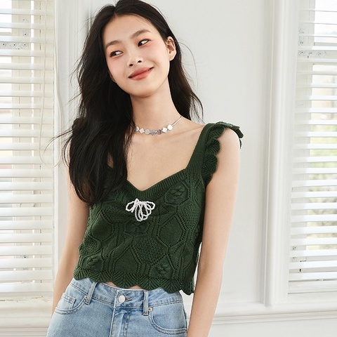 Áo Dệt Kim Hai Dây Cổ Chữ V Thắt Nơ Xinh Xắn Thời Trang