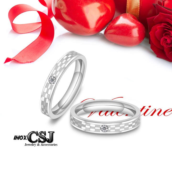 02 chiếc nhẫn cặp đôi tình nhân inox ca ro cấp họa tiết ca rô kết hợp đính xoàn đẹp, không đen - tặng hộp đựng xinh xắn