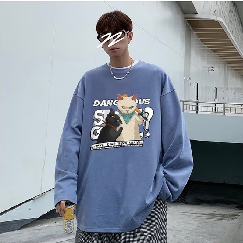 Áo Thun Tay Dài Dáng Rộng In Họa Tiết Hoạt Hình Phong Cách Hip Hop Hàn Quốc Thời Trang Cho Nam Và Nữ Size M-5XL