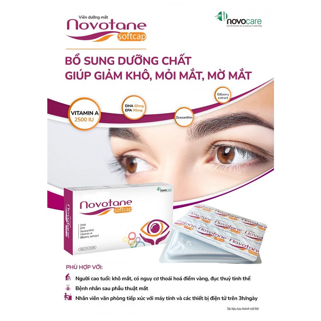 Viên dưỡng mắt Novotane Softcap, bổ sung dưỡng chất, giảm khô, mỏi mắt, mờ mắt (Hộp 2 vỉ x 15 viên)