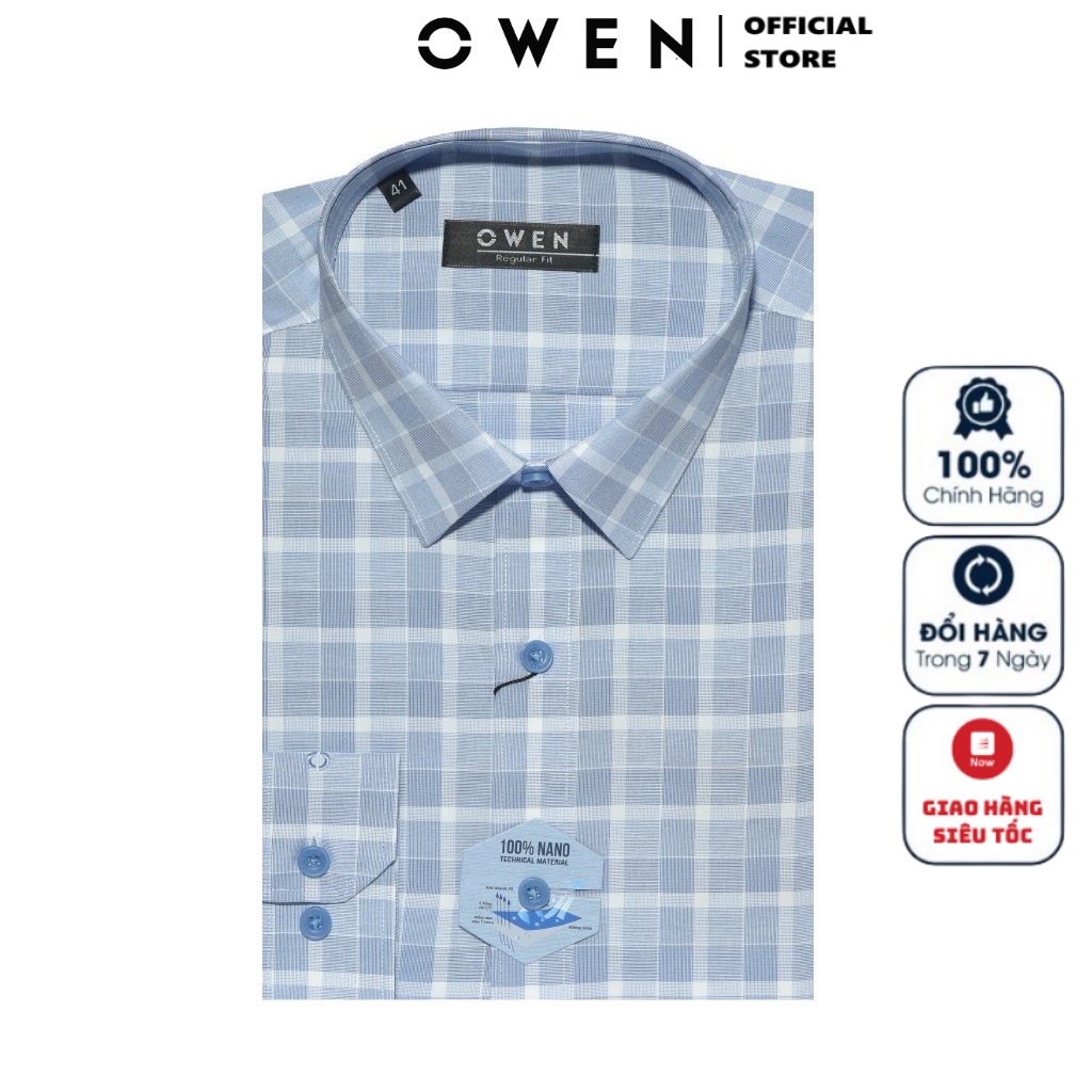 Áo Sơ Mi Nam Dài Tay Owen AR23555D Somi Công Sở Cao Cấp Màu Xanh Sọc Caro Trắng Dáng Suông Không Túi Chất Nano Mềm Mát