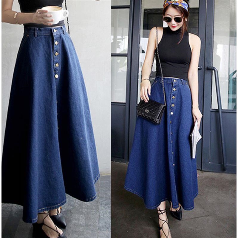 Chân váy bò xoè demin eo cao hàng cúc dài