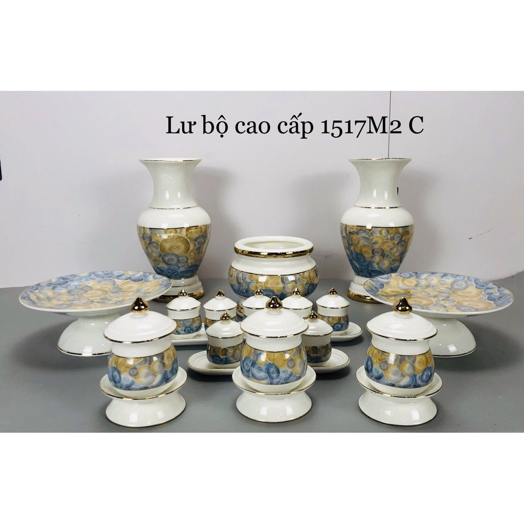 Bộ Set Đồ Thờ Cúng Lư, Chum, Chung, Ly Bằng Sứ Trắng Nhũ Vàng