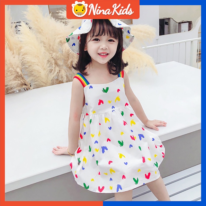 Đầm hai dây cotton trơn họa tiết trái tim cầu vồng phong cách Hàn Quốc đáng yêu dành cho bé gái 1-6 tuổi
