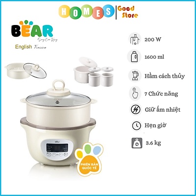 Nồi nấu cháo chậm cho bé Bear 1.6L SUBE002 bản quốc tế, nồi hầm cháo cho bé ăn dặm, ninh, hầm, ủ cháo,