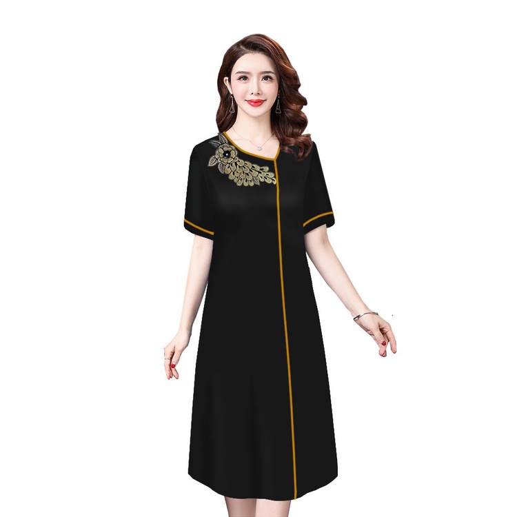 Đầm Suông Dáng Dài Tuổi Trung Niên Dự Tiệc Cấp In Hoa Lá Phối Màu Vải Lụa Cho Mẹ U50 3333 3334